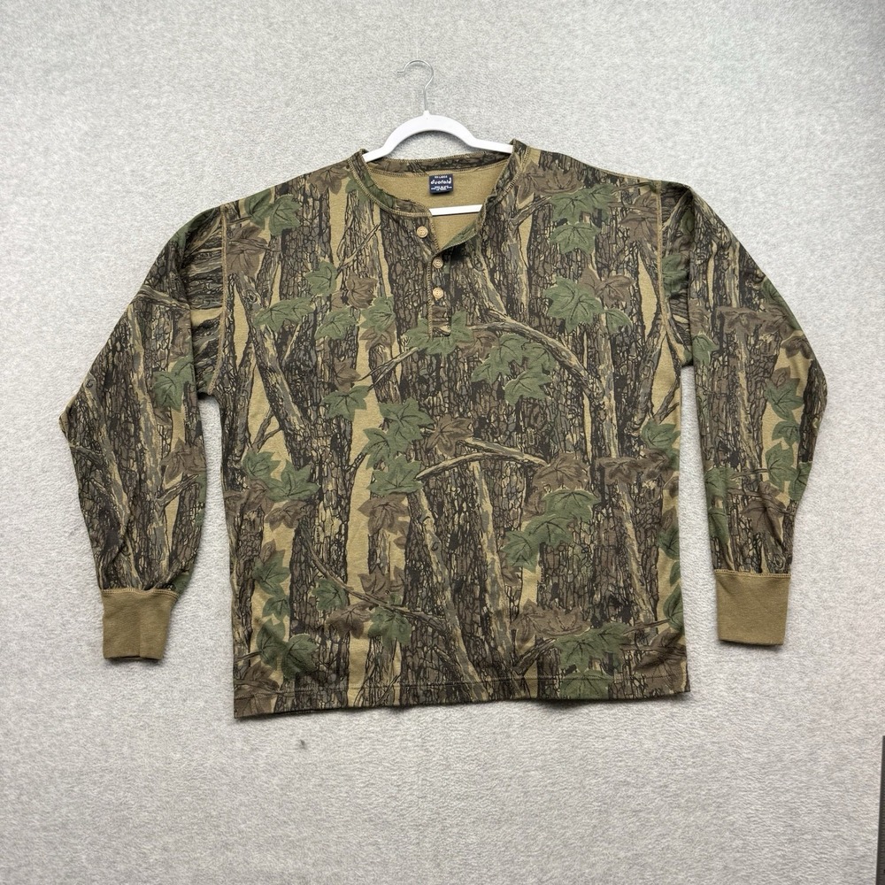 VINTAGE Duofold Shirt Henley‎ Woodland Camo Hunting Rebark Tree 2XL Thermal 90s